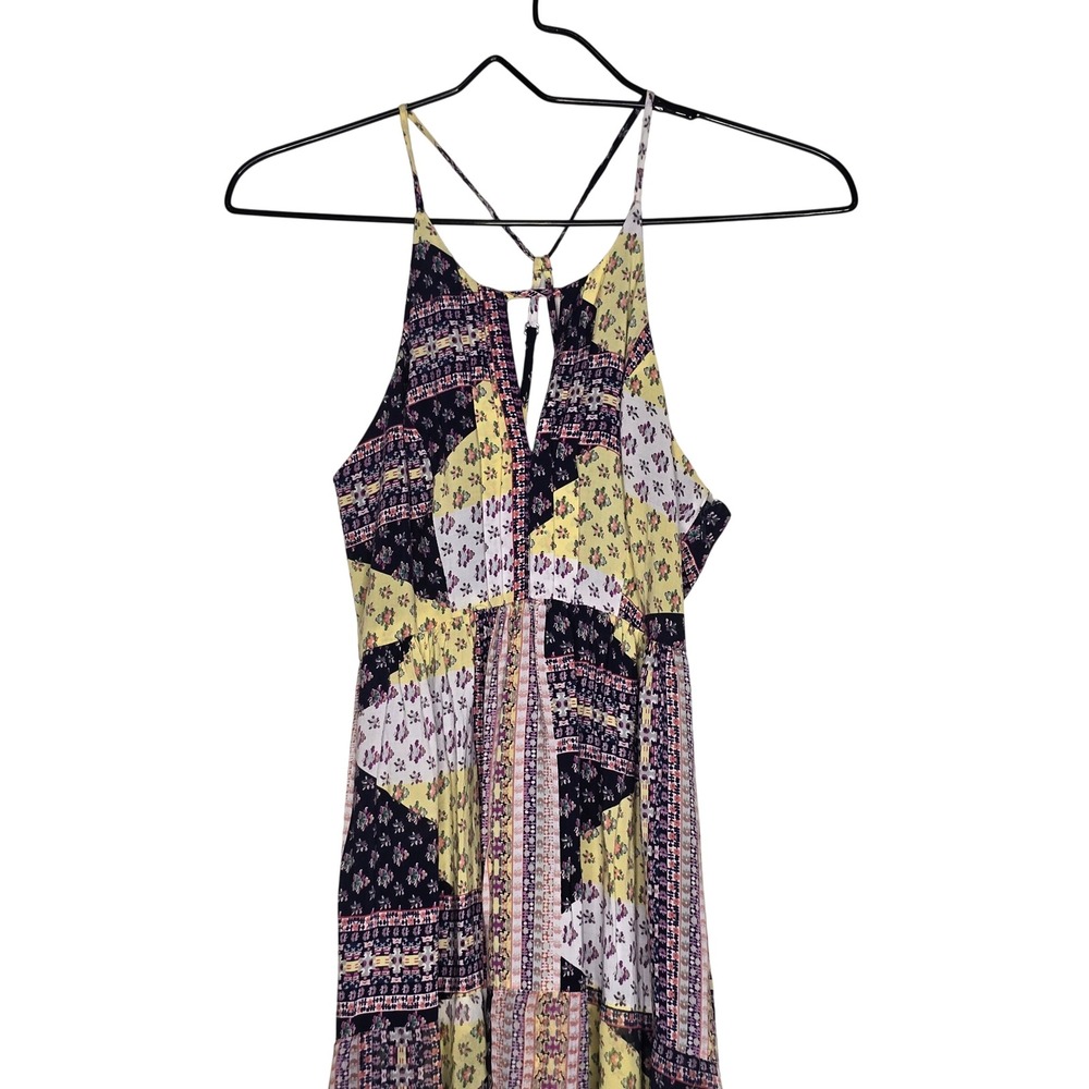 BCBGeneration Womens Patchwork Maxi Dress 0 Multicolor Boho Halter Summer Flowy